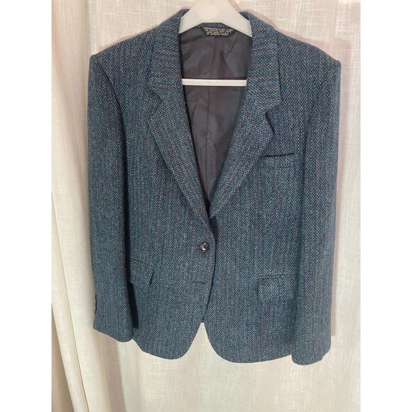 vintage Jackets & Blazers - Vintage Harris Tweed Women's Wool Blazer Late 80s-Early 90s Era Blue+ Multicolor